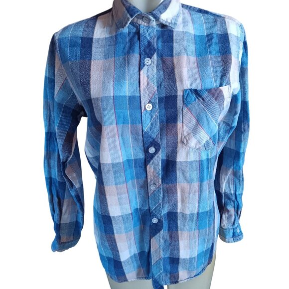 Vintage Women's Flannel Skater Shirt Medium 1970's Sears Blue Plaid Button-Up - Picture 2 of 6